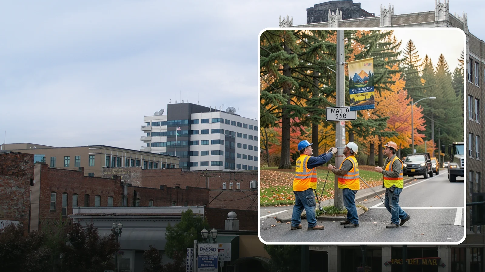 Banner Installation in Everett, Snohomish County, WA - Installation of street banners and pole banners for Western Washington civic and event promotions.