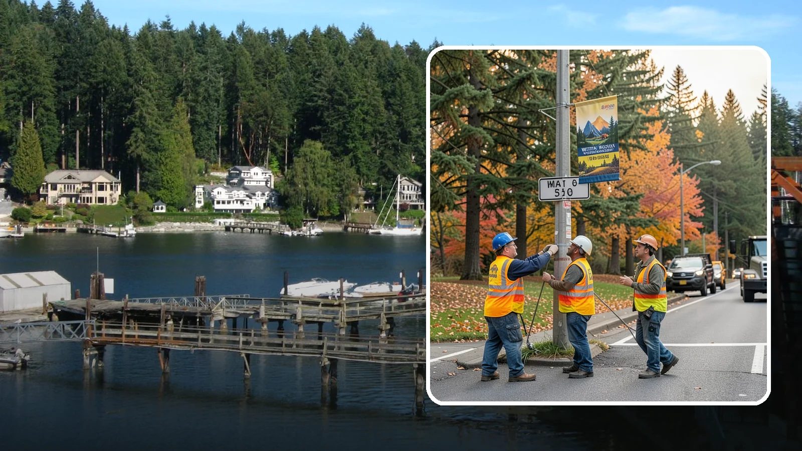 Banner Installation in Gig Harbor, Pierce County, WA - Installation of street banners and pole banners for Western Washington civic and event promotions.