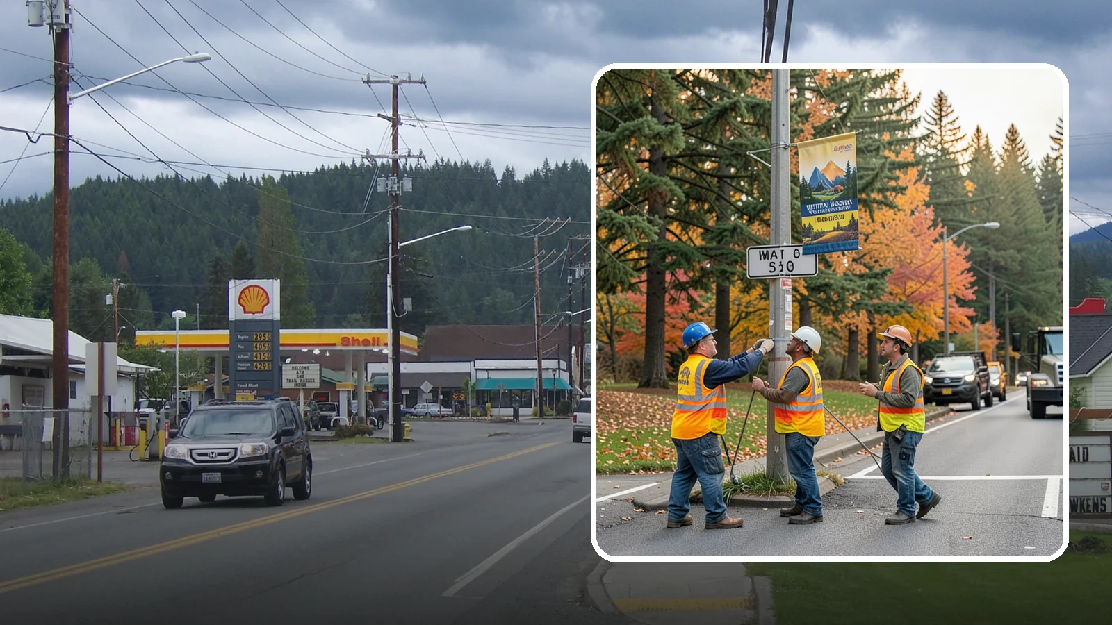 Banner Installation in Granite Falls, Snohomish County, WA - Installation of street banners and pole banners for Western Washington civic and event promotions.