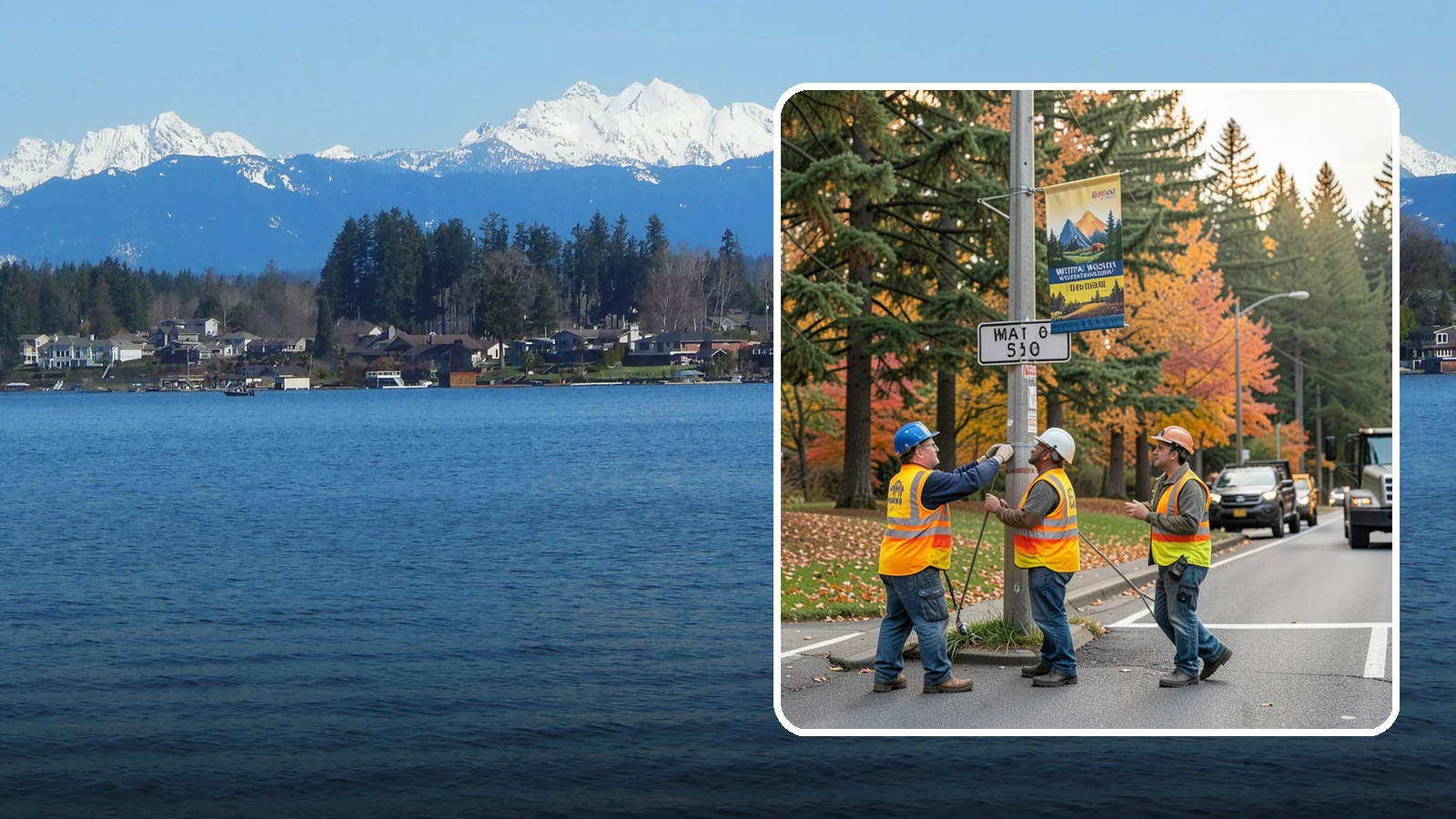 Banner Installation in Lake Stevens, Snohomish County, WA - Installation of street banners and pole banners for Western Washington civic and event promotions.