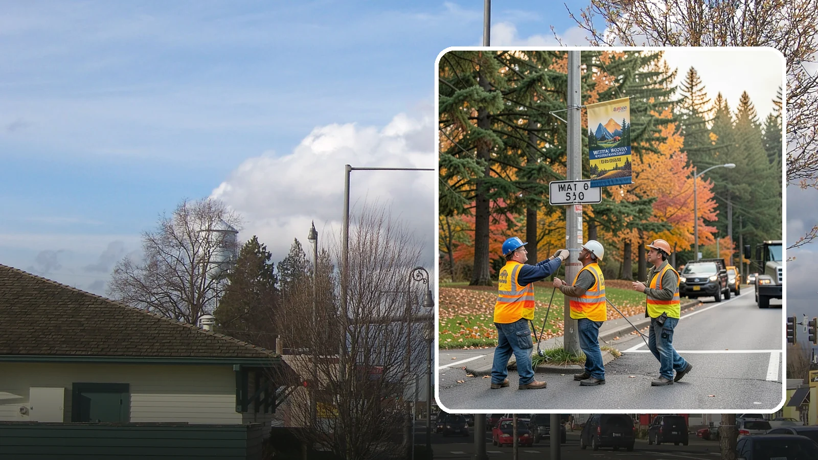 Banner Installation in Marysville, Snohomish County, WA - Installation of street banners and pole banners for Western Washington civic and event promotions.