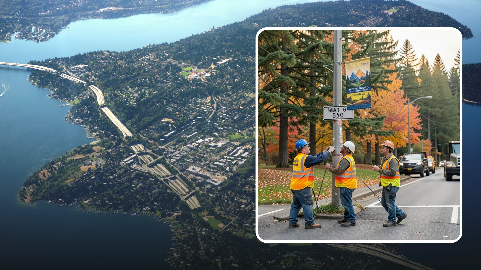 Banner Installation in Mercer Island, King County, WA - Installation of street banners and pole banners for Western Washington civic and event promotions.