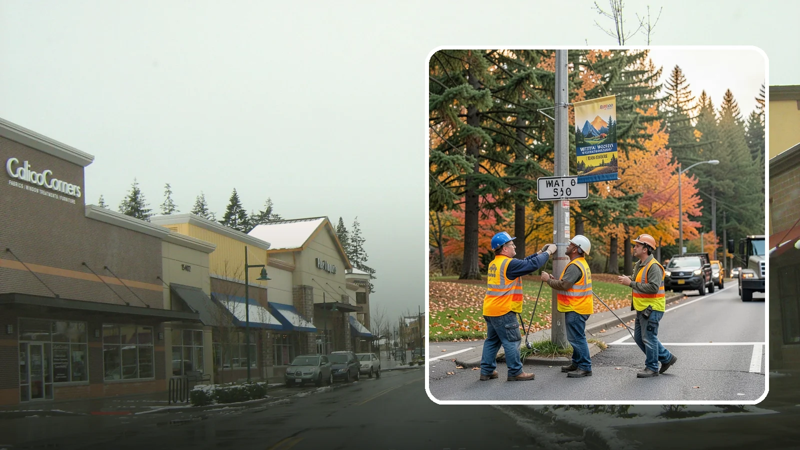 Banner Installation in Mill Creek, Snohomish County, WA - Installation of street banners and pole banners for Western Washington civic and event promotions.