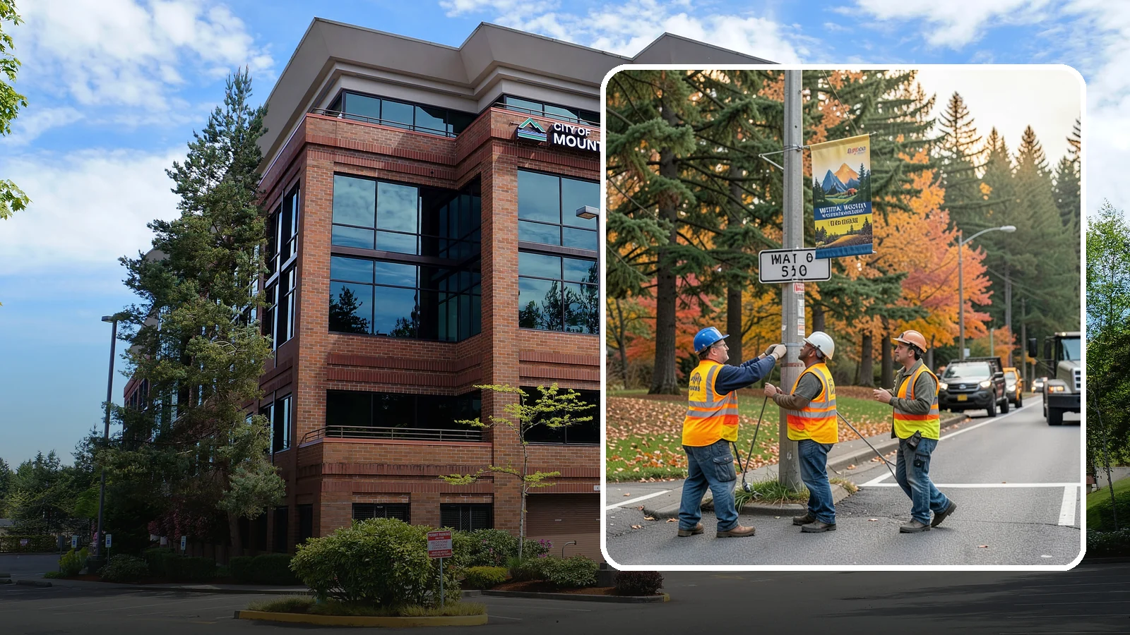 Banner Installation in Mountlake Terrace, Snohomish County, WA - Installation of street banners and pole banners for Western Washington civic and event promotions.