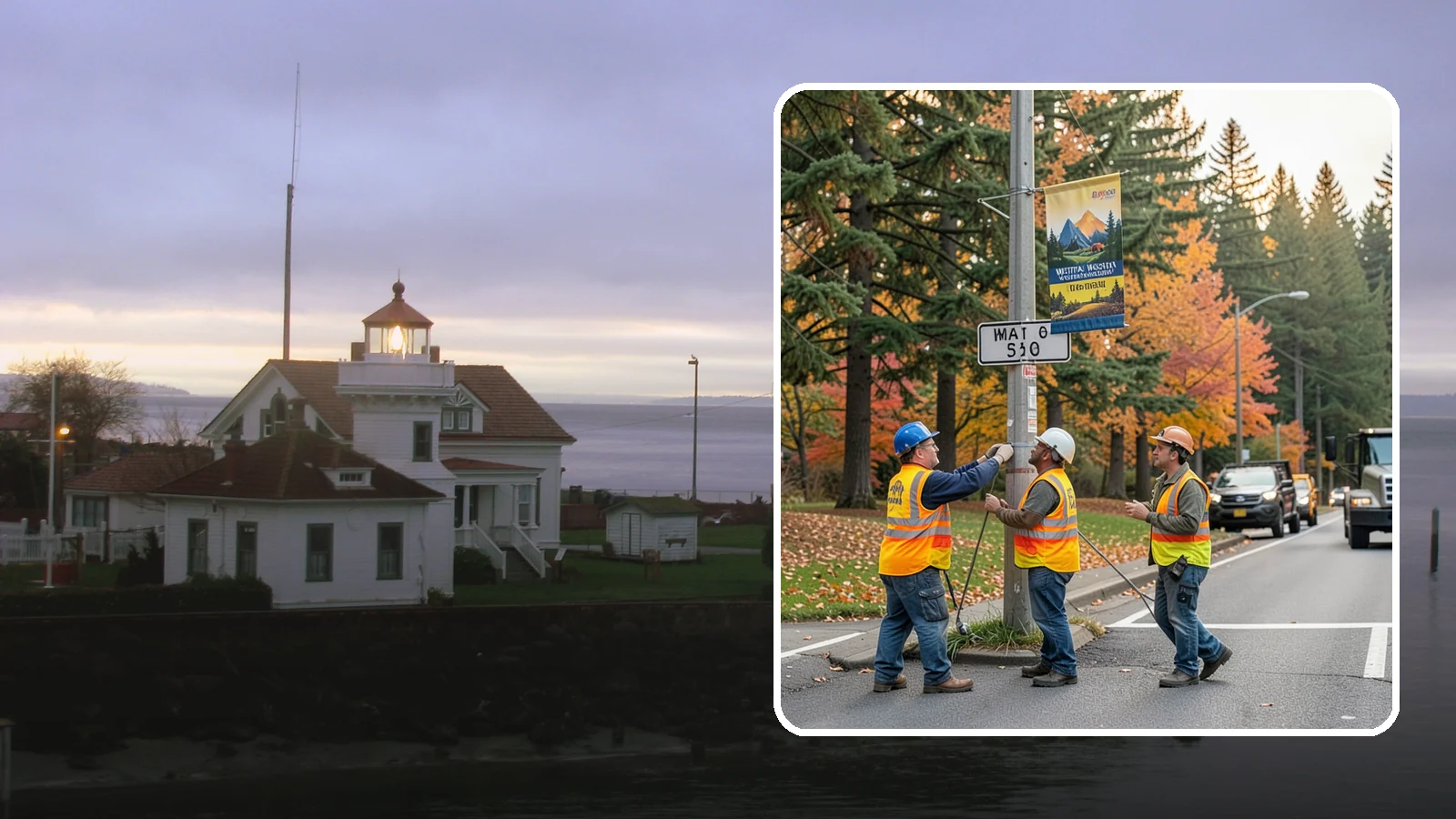 Banner Installation in Mukilteo, Snohomish County, WA - Installation of street banners and pole banners for Western Washington civic and event promotions.