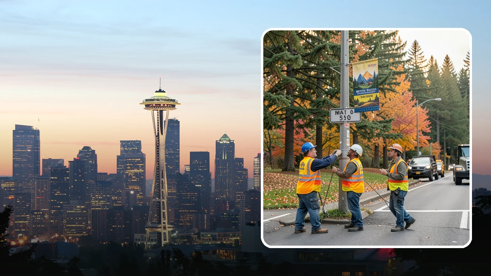 Banner Installation in Seattle, King County, WA - Installation of street banners and pole banners for Western Washington civic and event promotions.
