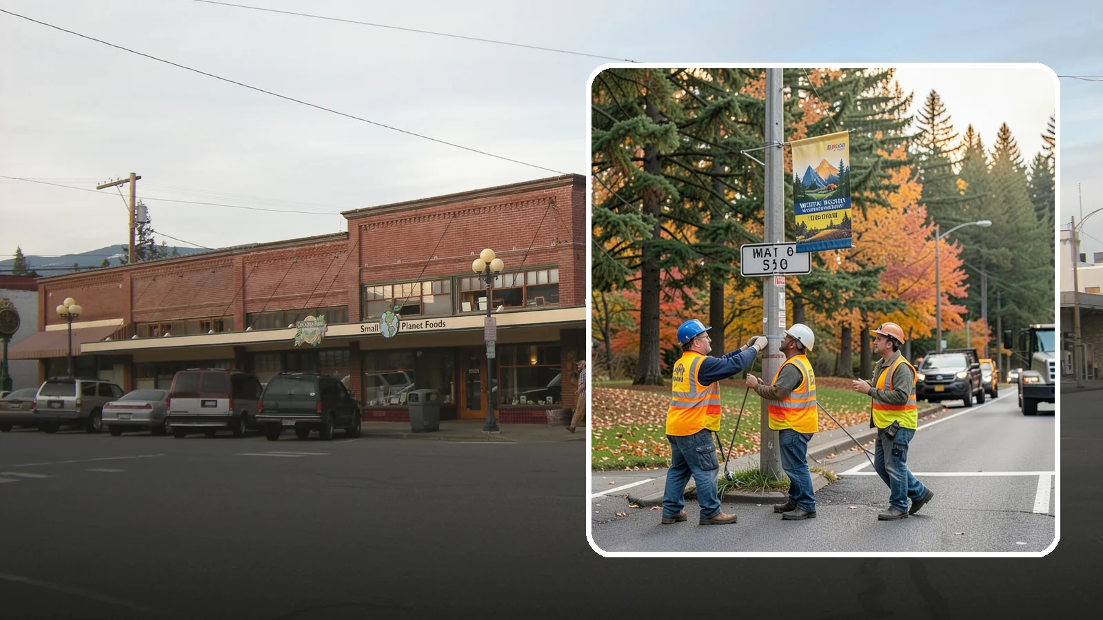 Banner Installation in Sedro-Woolley, Skagit County, WA - Installation of street banners and pole banners for Western Washington civic and event promotions.