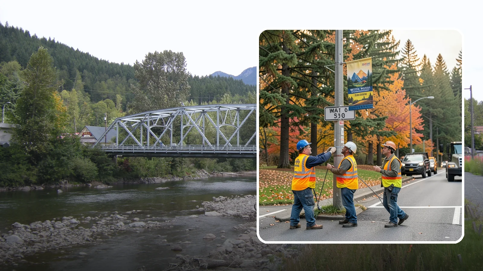 Banner Installation in Skykomish, King County, WA - Installation of street banners and pole banners for Western Washington civic and event promotions.