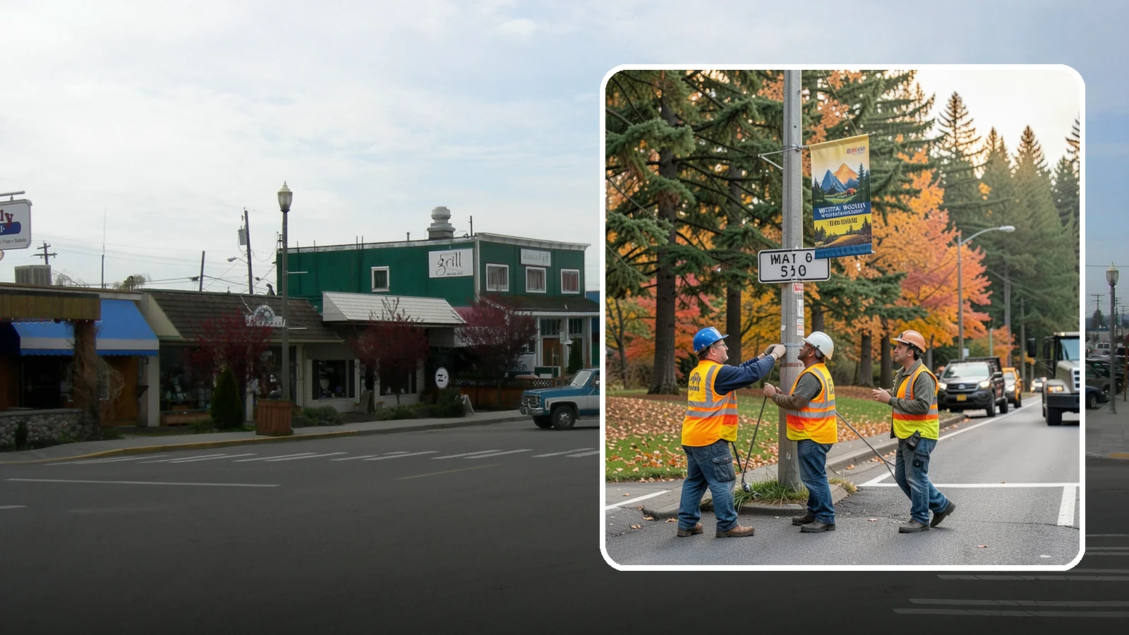 Banner Installation in Stanwood, Snohomish County, WA - Installation of street banners and pole banners for Western Washington civic and event promotions.