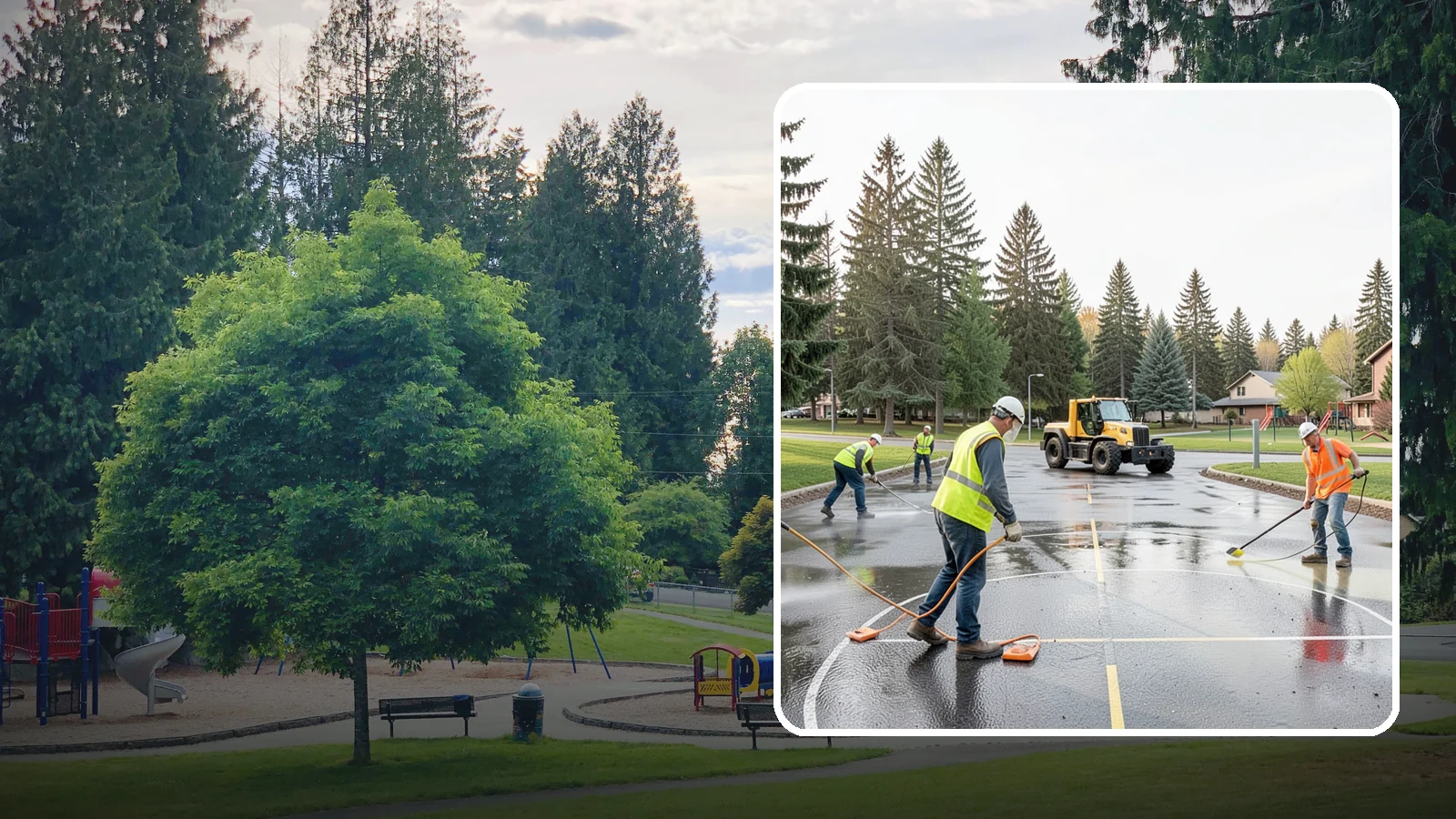 Basketball Court Cleaning in Bonney Lake, Pierce County, WA - Pressure cleaning that restores traction and appearance to outdoor public basketball courts.