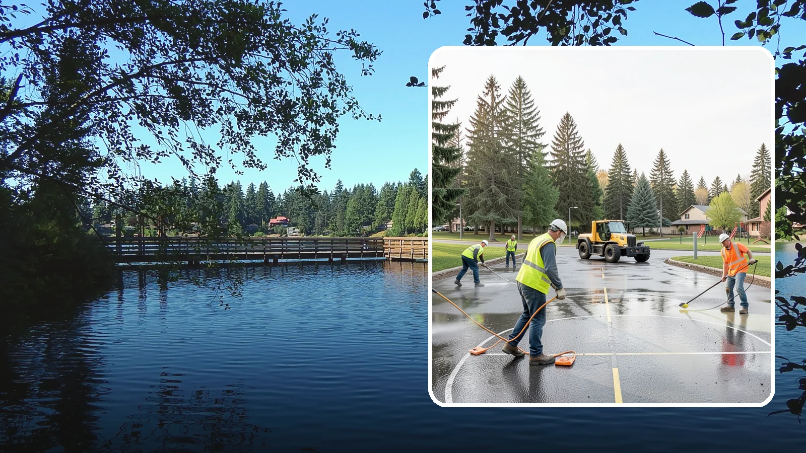 Basketball Court Cleaning in Federal Way, King County, WA - Pressure cleaning that restores traction and appearance to outdoor public basketball courts.