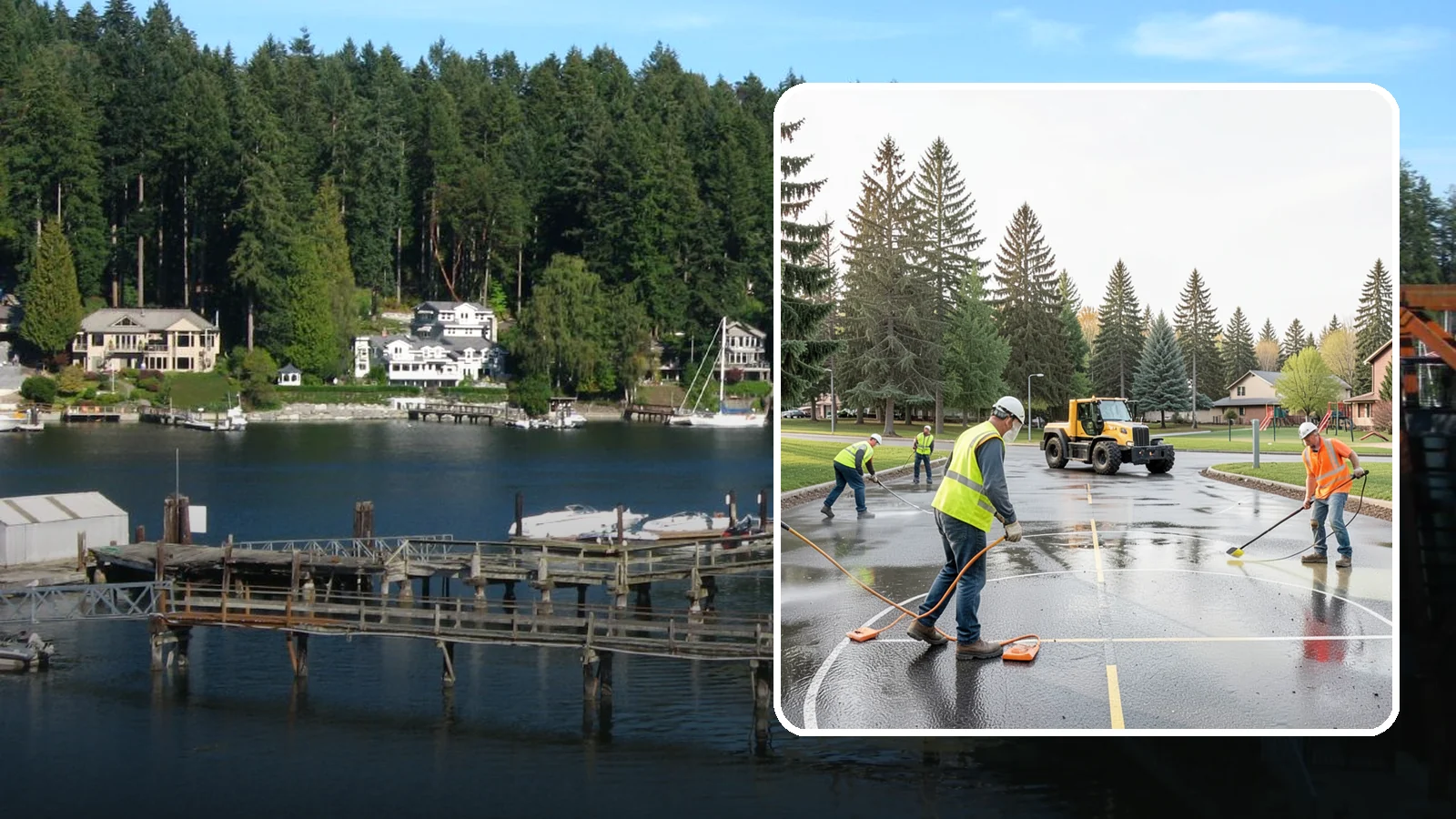 Basketball Court Cleaning in Gig Harbor, Pierce County, WA - Pressure cleaning that restores traction and appearance to outdoor public basketball courts.