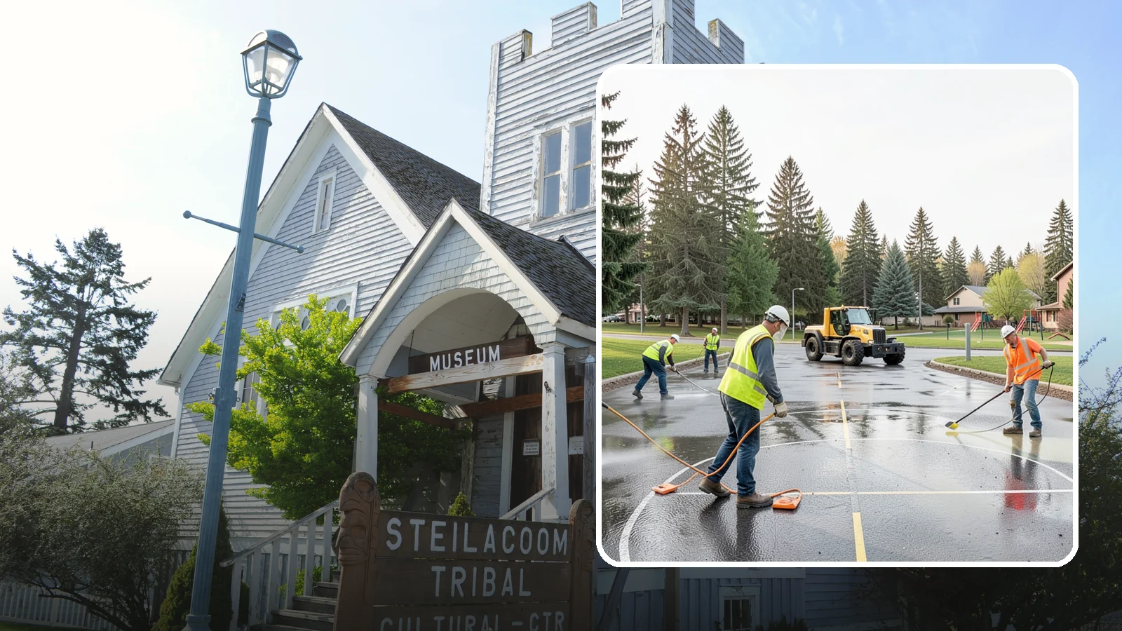 Basketball Court Cleaning in Steilacoom, Pierce County, WA - Pressure cleaning that restores traction and appearance to outdoor public basketball courts.