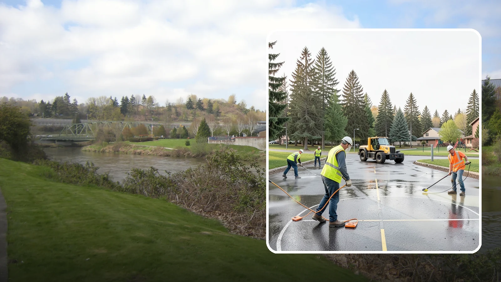 Basketball Court Cleaning in Tukwila, King County, WA - Pressure cleaning that restores traction and appearance to outdoor public basketball courts.