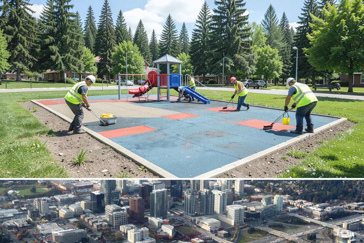 Bike Rack Installation in Bellevue, King County, WA - Core-drilled installs proceed year-round on existing hardscape, while new footings favor drier weather for concrete cures.