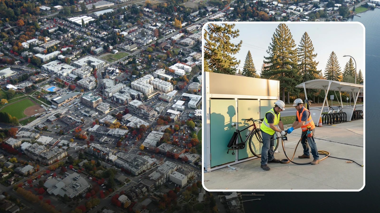 Bike Repair Station Installation in Kirkland, King County, WA - Installation of public bike repair stations and pumps supporting active transportation and trail connectivity.