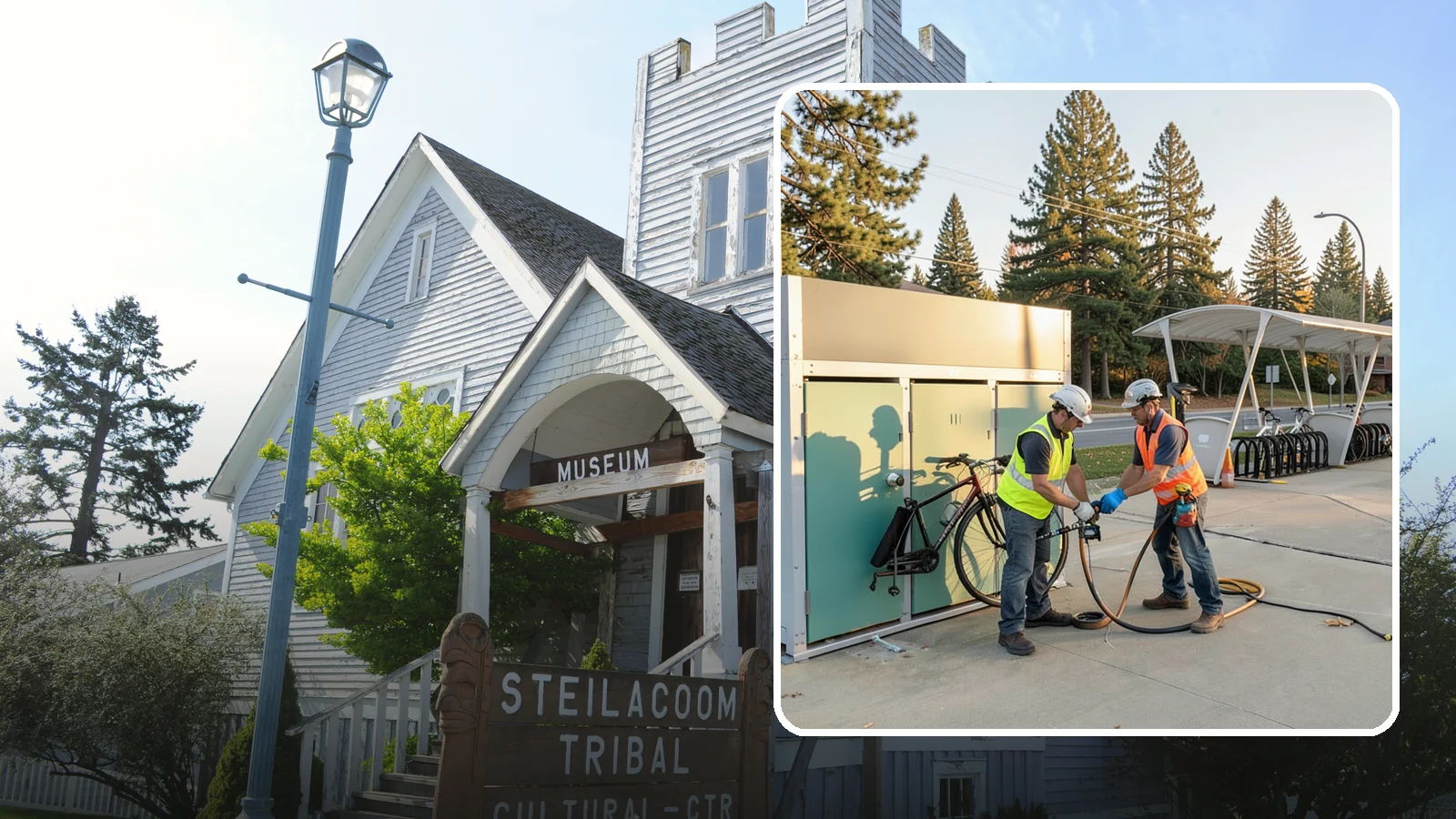 Bike Repair Station Installation in Steilacoom, Pierce County, WA - Installation of public bike repair stations and pumps supporting active transportation and trail connectivity.