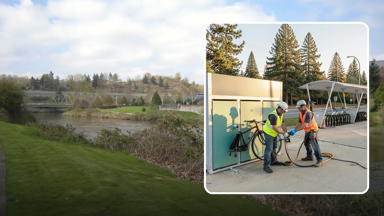 Bike Repair Station Installation in Tukwila, King County, WA - Installation of public bike repair stations and pumps supporting active transportation and trail connectivity.