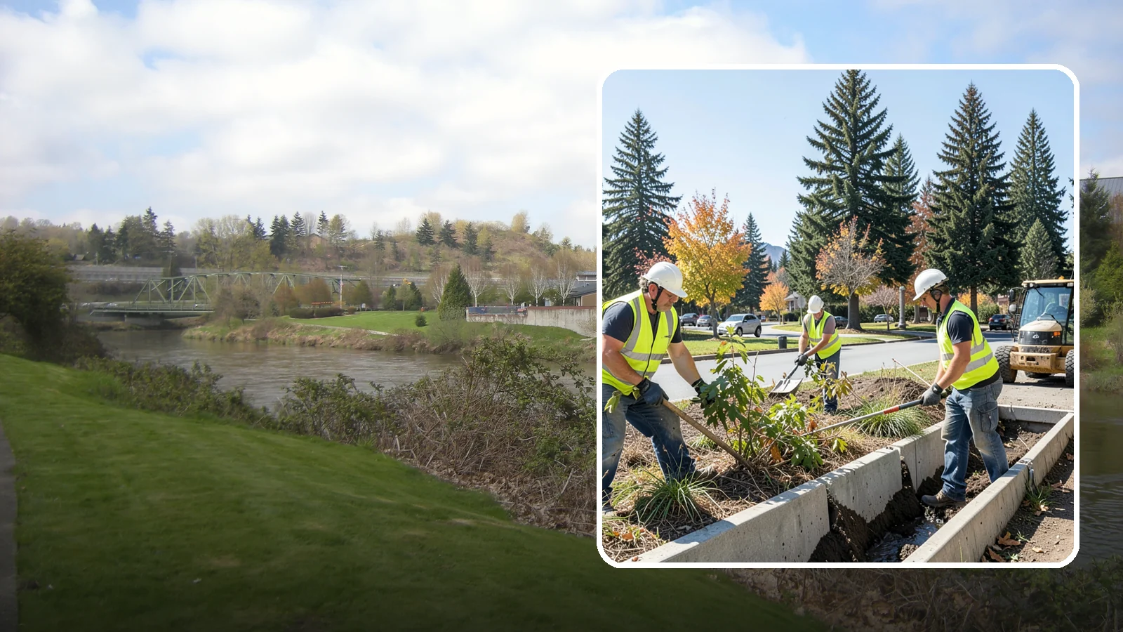 Bioswale Maintenance in Tukwila, King County, WA - Vegetation and sediment management that keeps bioswales treating runoff as designed.