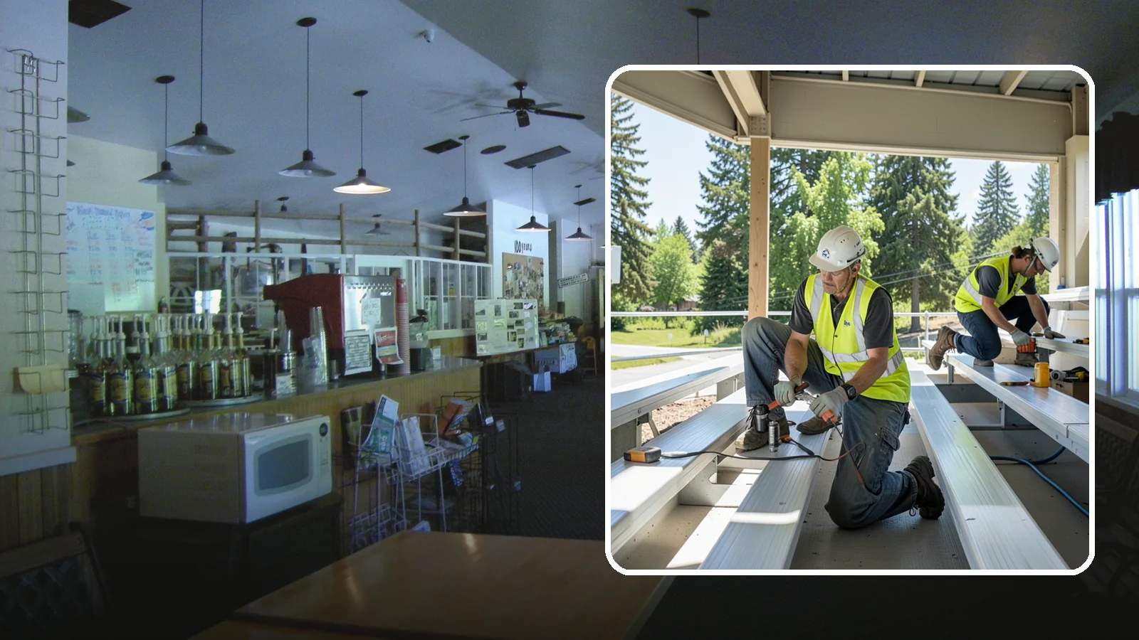 Bleacher Repairs in Black Diamond, King County, WA - Repair of damaged bleacher components to keep public spectator seating safe and code-compliant.