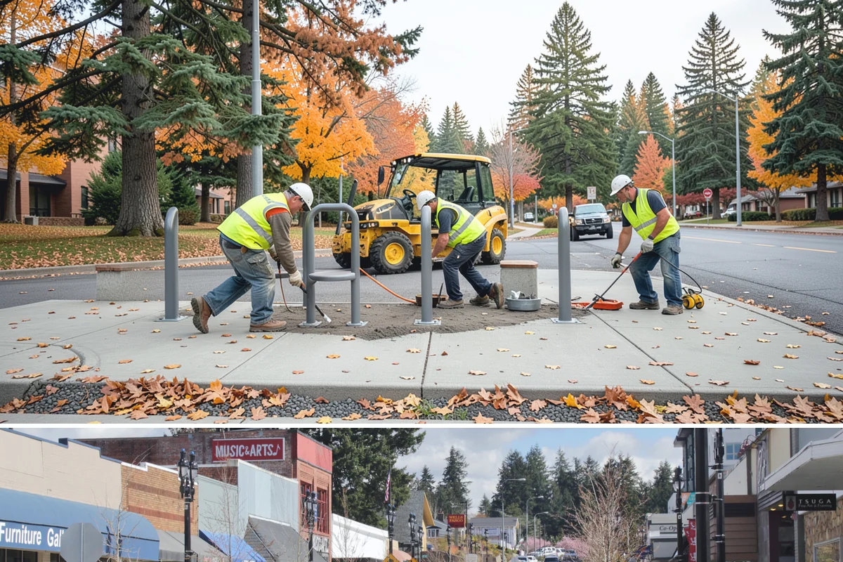 Bollard Installation in Bothell, King County, WA - Bollard installation proceeds year-round, with drier conditions preferred for foundation excavation and concrete curing.