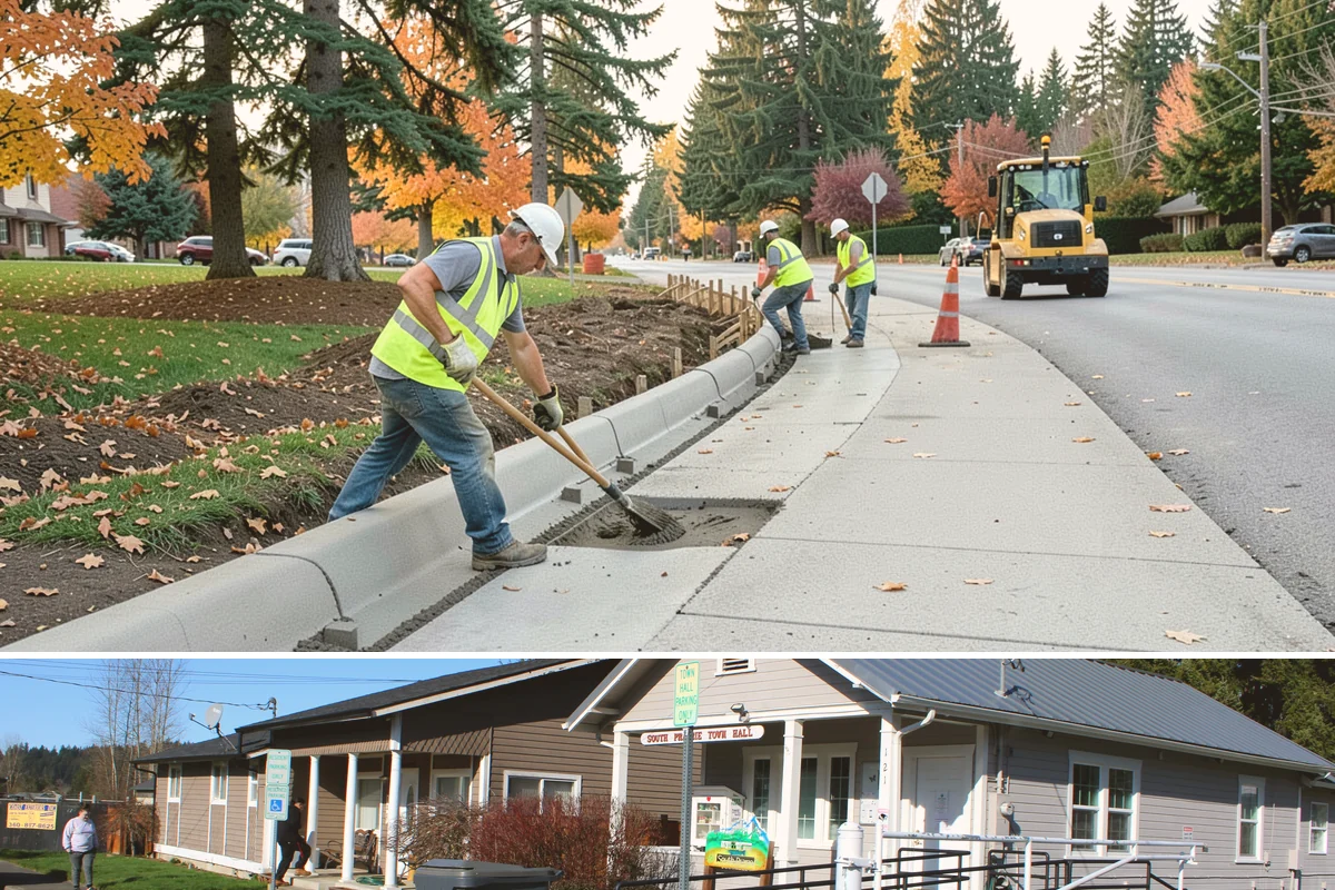 Bollard Installation in South Prairie, Pierce County, WA - Bollard installation proceeds year-round, with drier conditions preferred for foundation excavation and concrete curing.