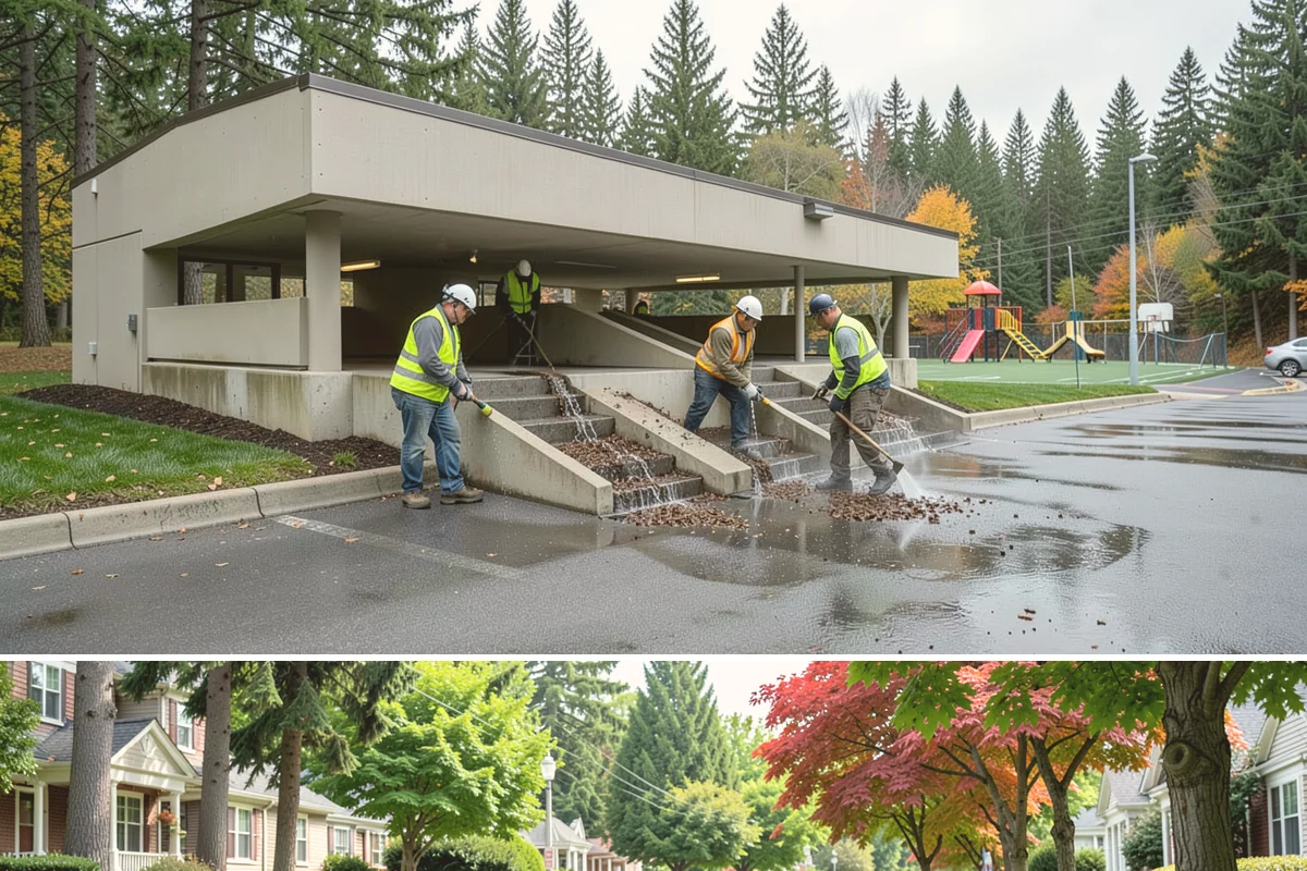 Building Gutter Cleaning in Beaux Arts Village, King County, WA - Cleaning is critical in fall after leaf drop and again in early spring following winter storms.