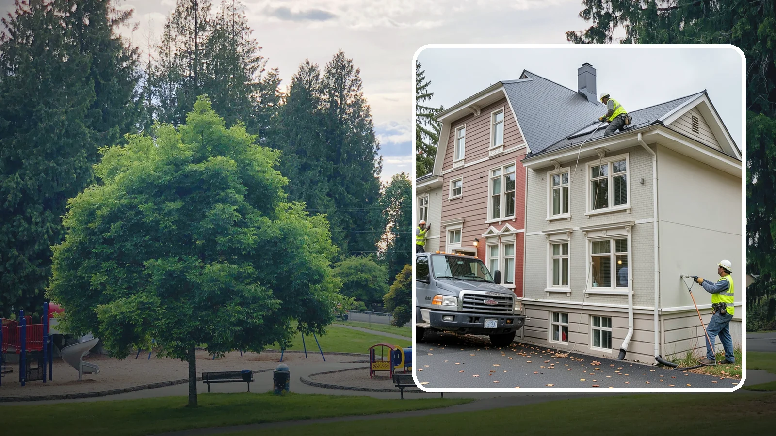 Building Gutter Cleaning in Bonney Lake, Pierce County, WA - Clearing of building gutters and downspouts to prevent water damage at public facilities.