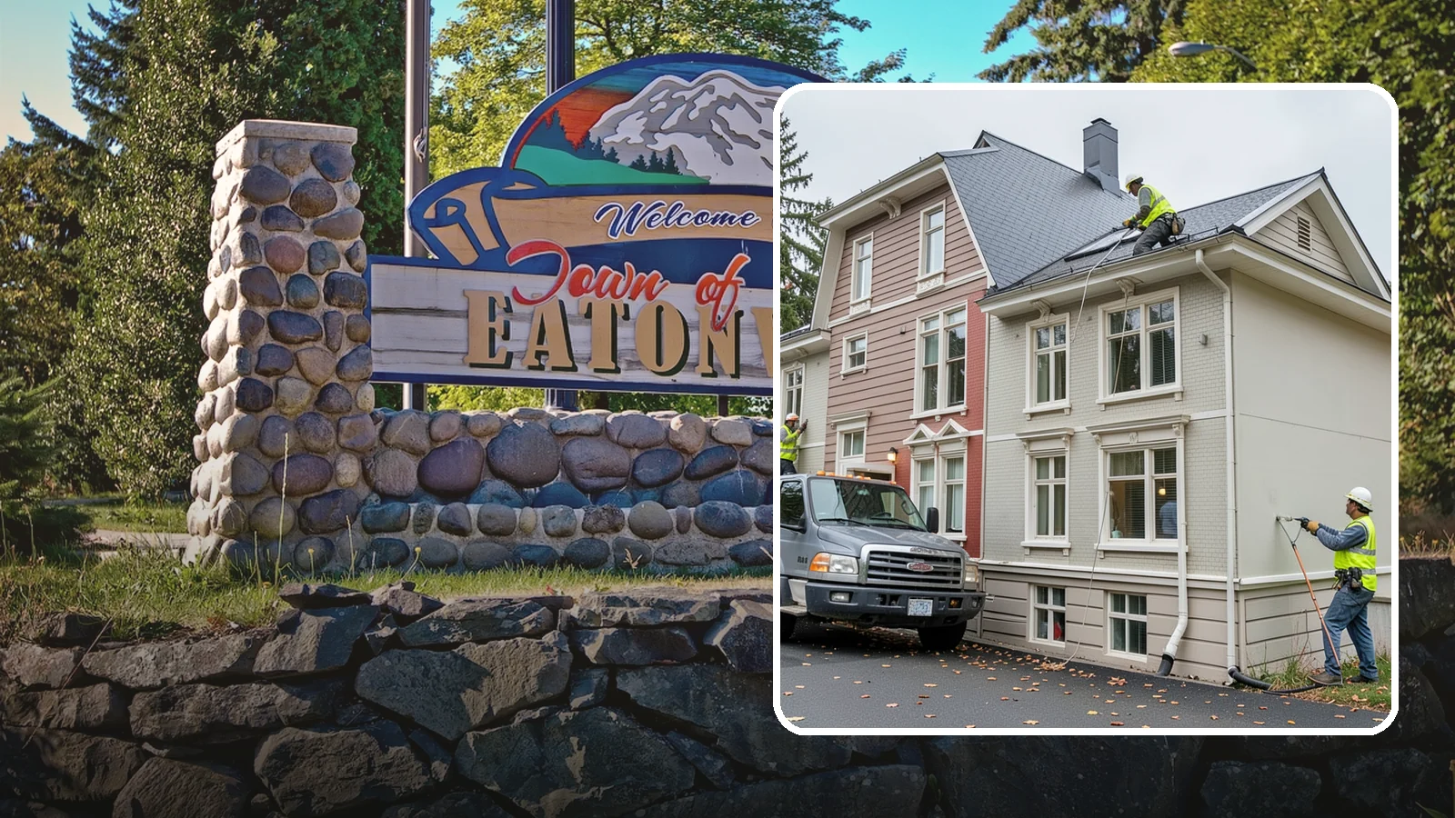 Building Gutter Cleaning in Eatonville, Pierce County, WA - Clearing of building gutters and downspouts to prevent water damage at public facilities.