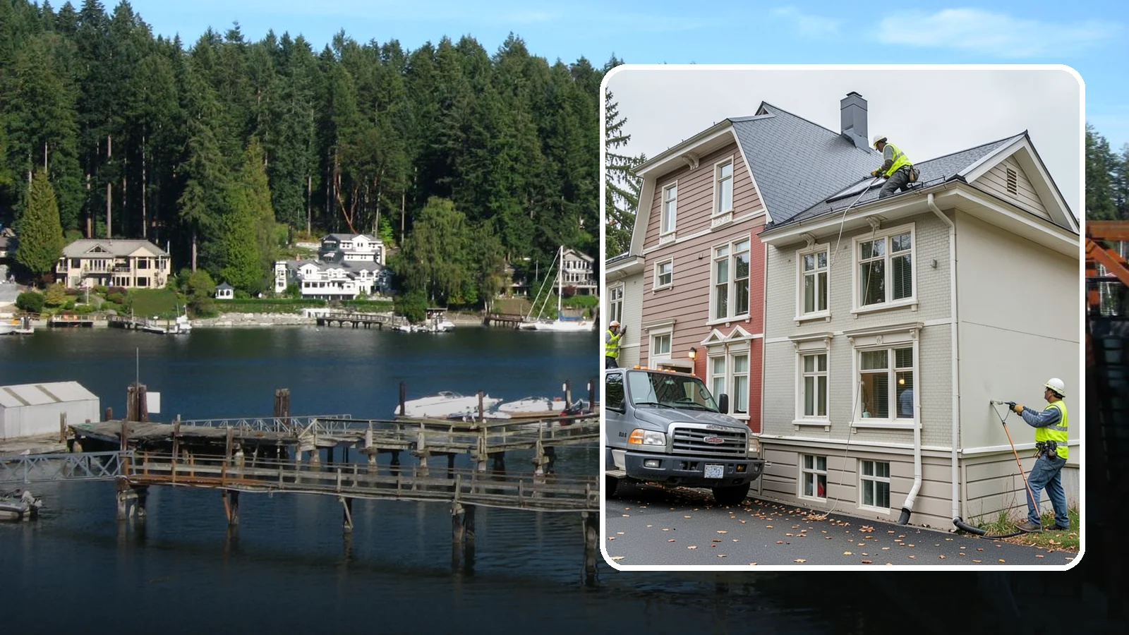 Building Gutter Cleaning in Gig Harbor, Pierce County, WA - Clearing of building gutters and downspouts to prevent water damage at public facilities.