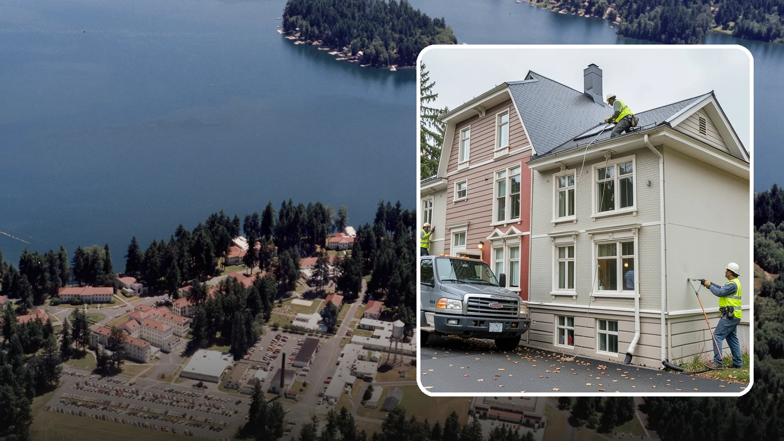 Building Gutter Cleaning in Lakewood, Pierce County, WA - Clearing of building gutters and downspouts to prevent water damage at public facilities.