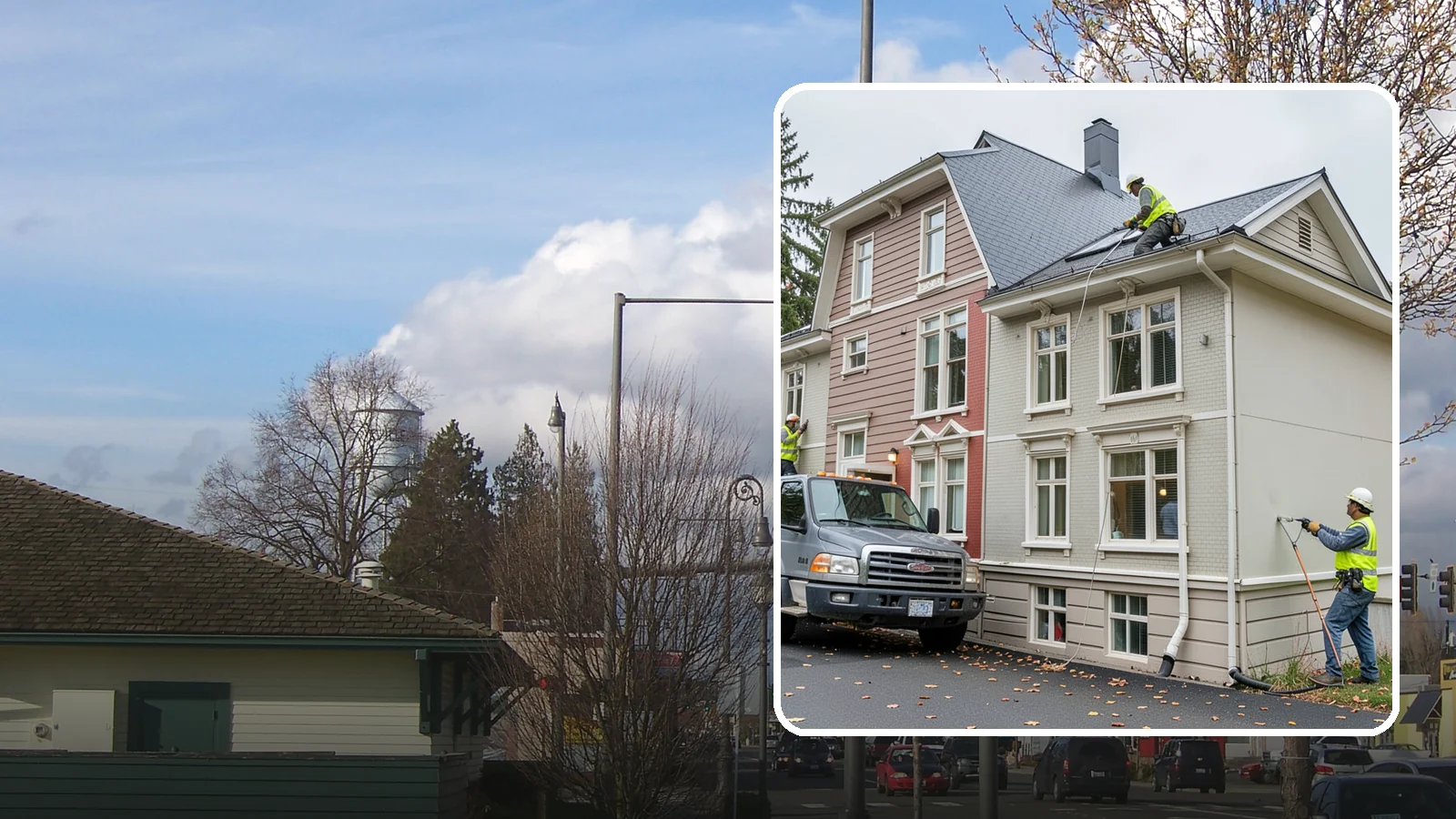 Building Gutter Cleaning in Marysville, Snohomish County, WA - Clearing of building gutters and downspouts to prevent water damage at public facilities.