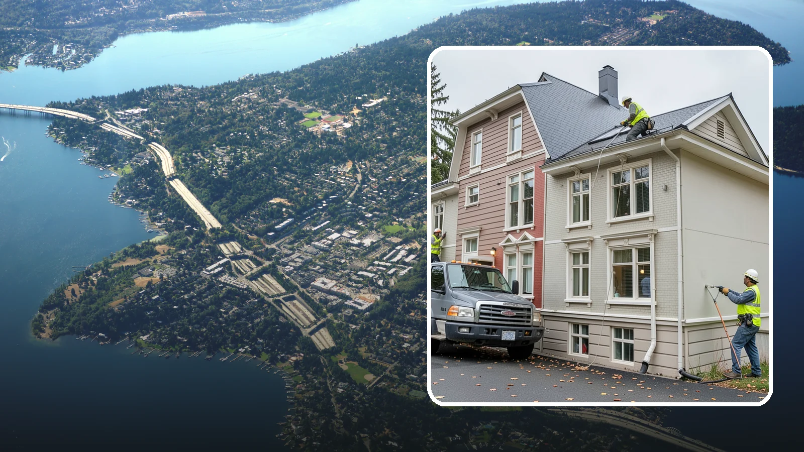 Building Gutter Cleaning in Mercer Island, King County, WA - Clearing of building gutters and downspouts to prevent water damage at public facilities.