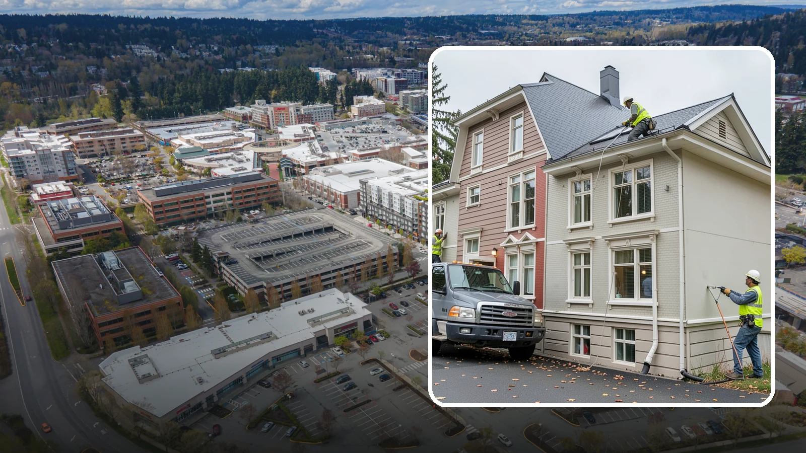 Building Gutter Cleaning in Redmond, King County, WA - Clearing of building gutters and downspouts to prevent water damage at public facilities.