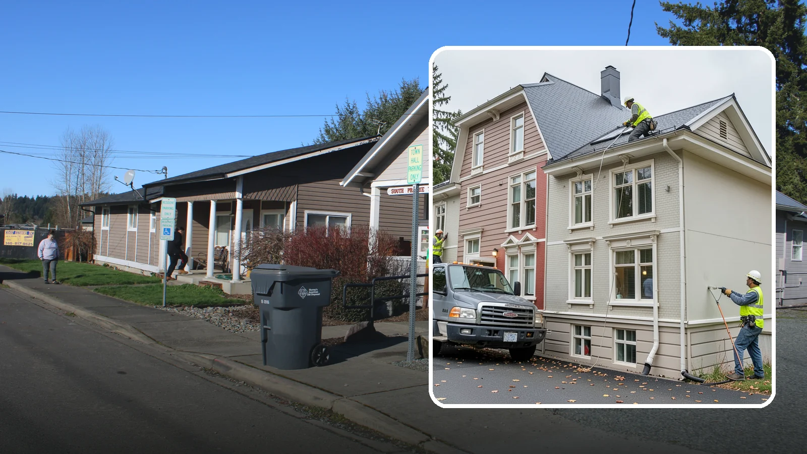 Building Gutter Cleaning in South Prairie, Pierce County, WA - Clearing of building gutters and downspouts to prevent water damage at public facilities.
