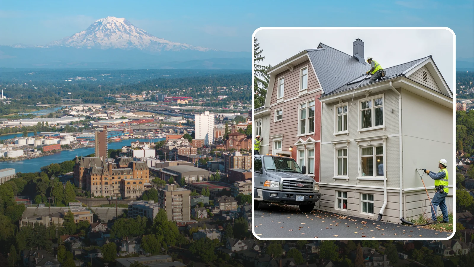 Building Gutter Cleaning in Tacoma, Pierce County, WA - Clearing of building gutters and downspouts to prevent water damage at public facilities.