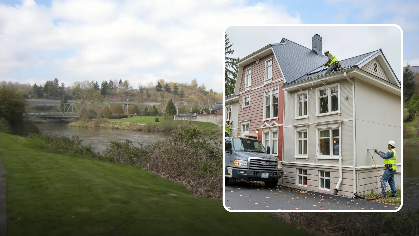 Building Gutter Cleaning in Tukwila, King County, WA - Clearing of building gutters and downspouts to prevent water damage at public facilities.