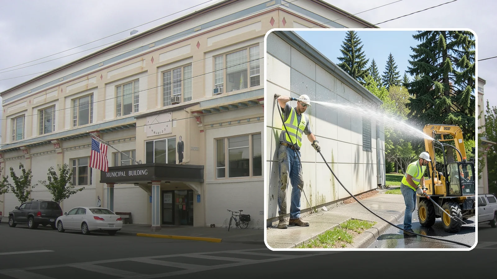 Building Washing in Anacortes, Skagit County, WA - Exterior washing that removes mildew, algae, and grime from public building facades.
