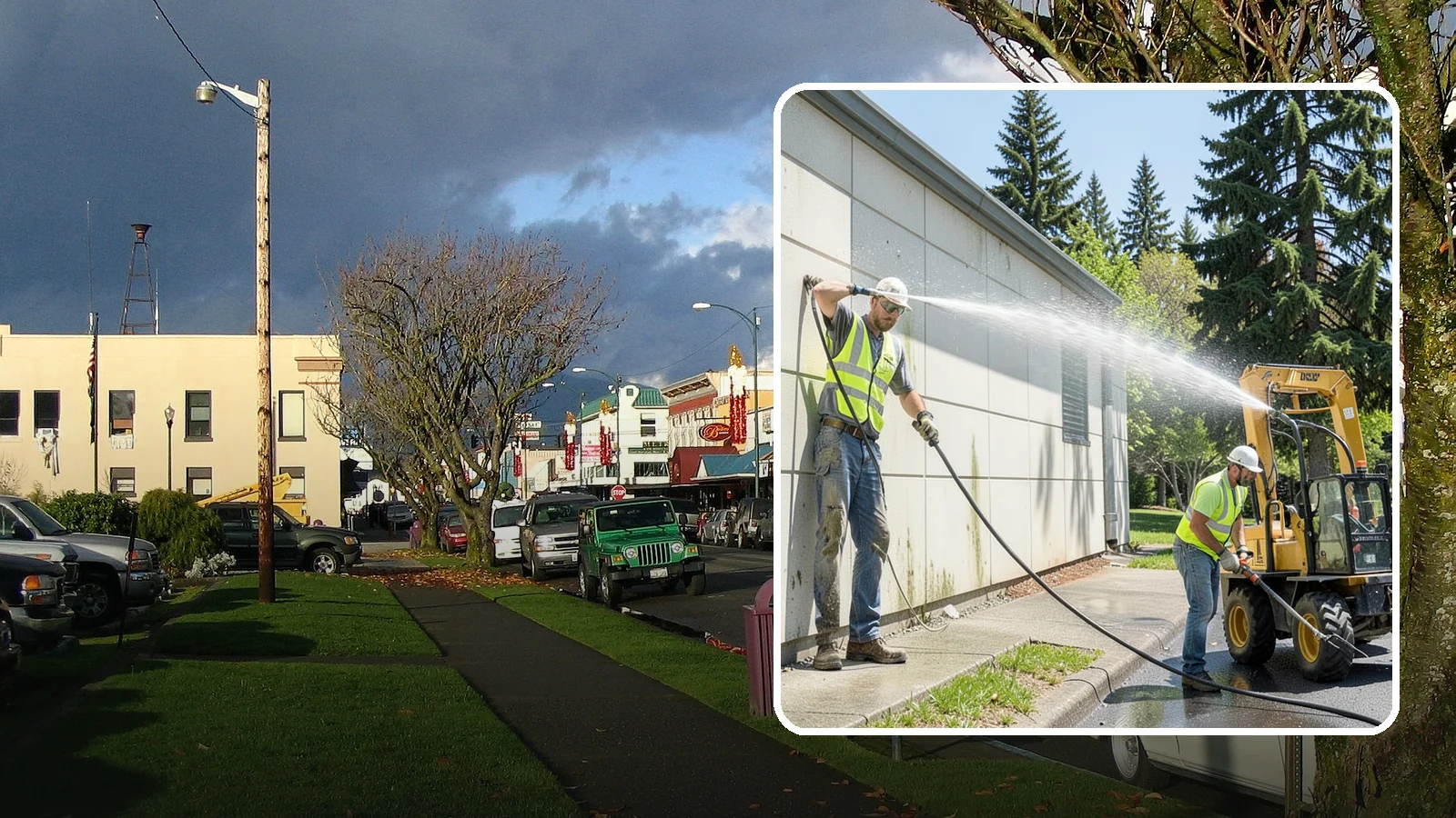 Building Washing in Arlington, Snohomish County, WA - Exterior washing that removes mildew, algae, and grime from public building facades.