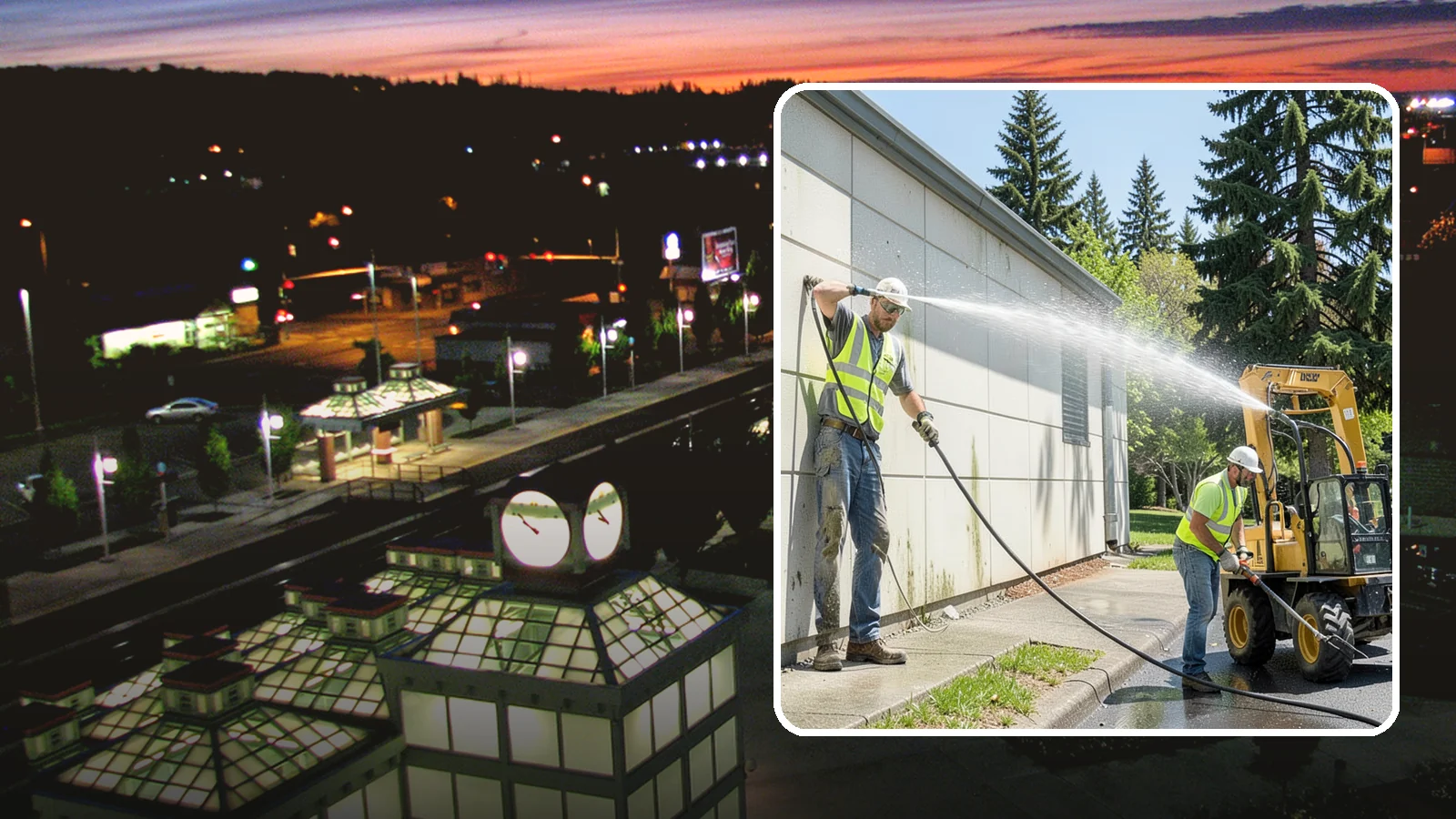 Building Washing in Auburn, King County, WA - Exterior washing that removes mildew, algae, and grime from public building facades.
