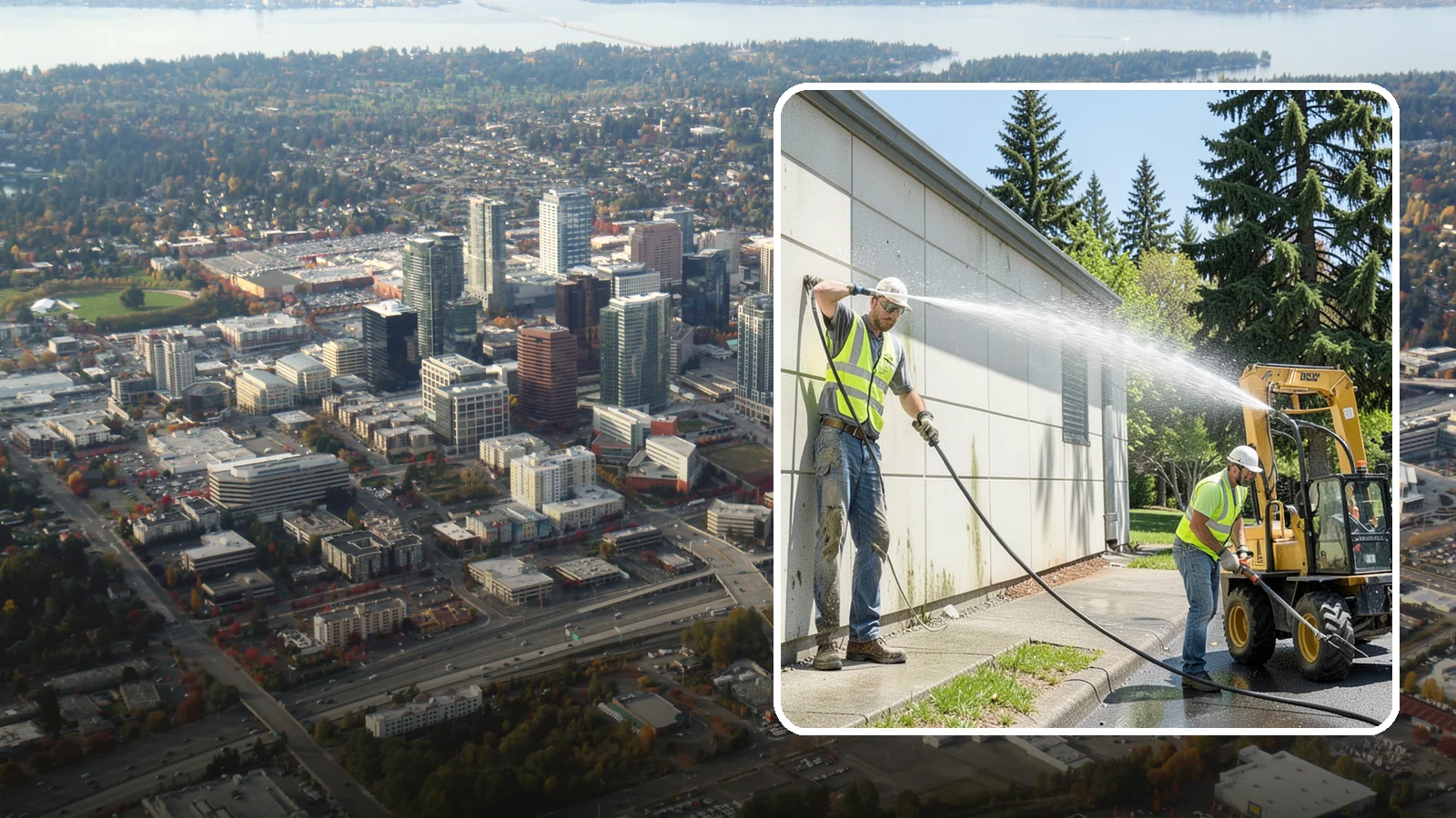 Building Washing in Bellevue, King County, WA - Exterior washing that removes mildew, algae, and grime from public building facades.