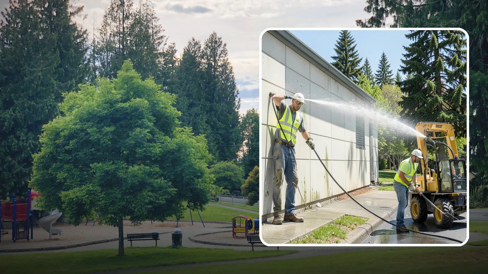 Building Washing in Bonney Lake, Pierce County, WA - Exterior washing that removes mildew, algae, and grime from public building facades.