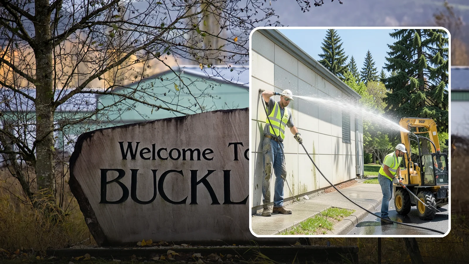 Building Washing in Buckley, Pierce County, WA - Exterior washing that removes mildew, algae, and grime from public building facades.