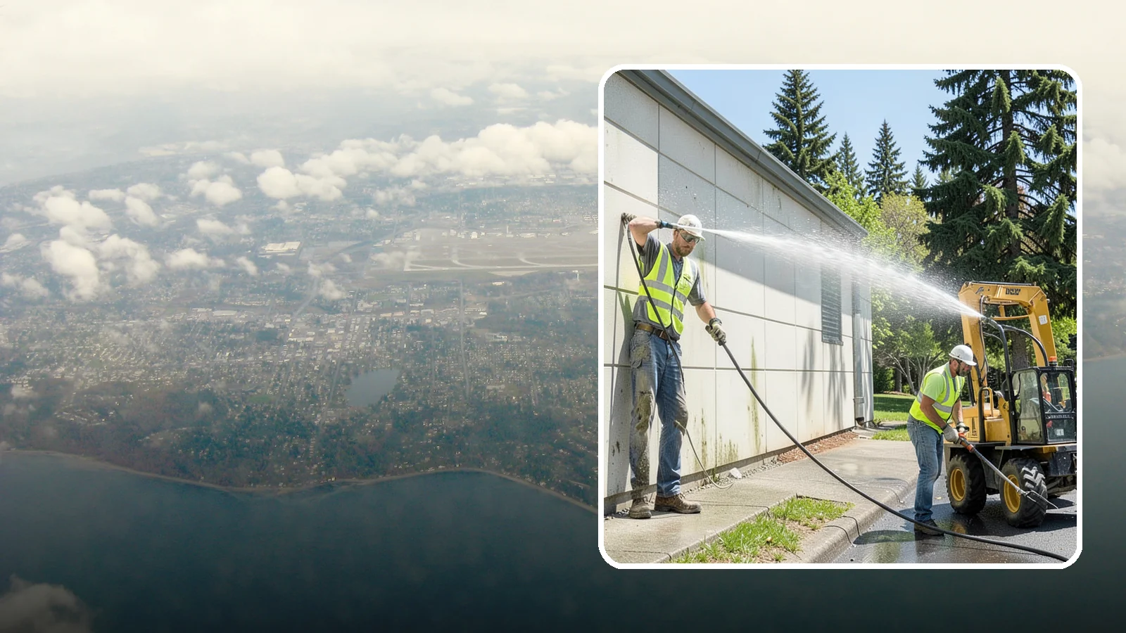 Building Washing in Burien, King County, WA - Exterior washing that removes mildew, algae, and grime from public building facades.