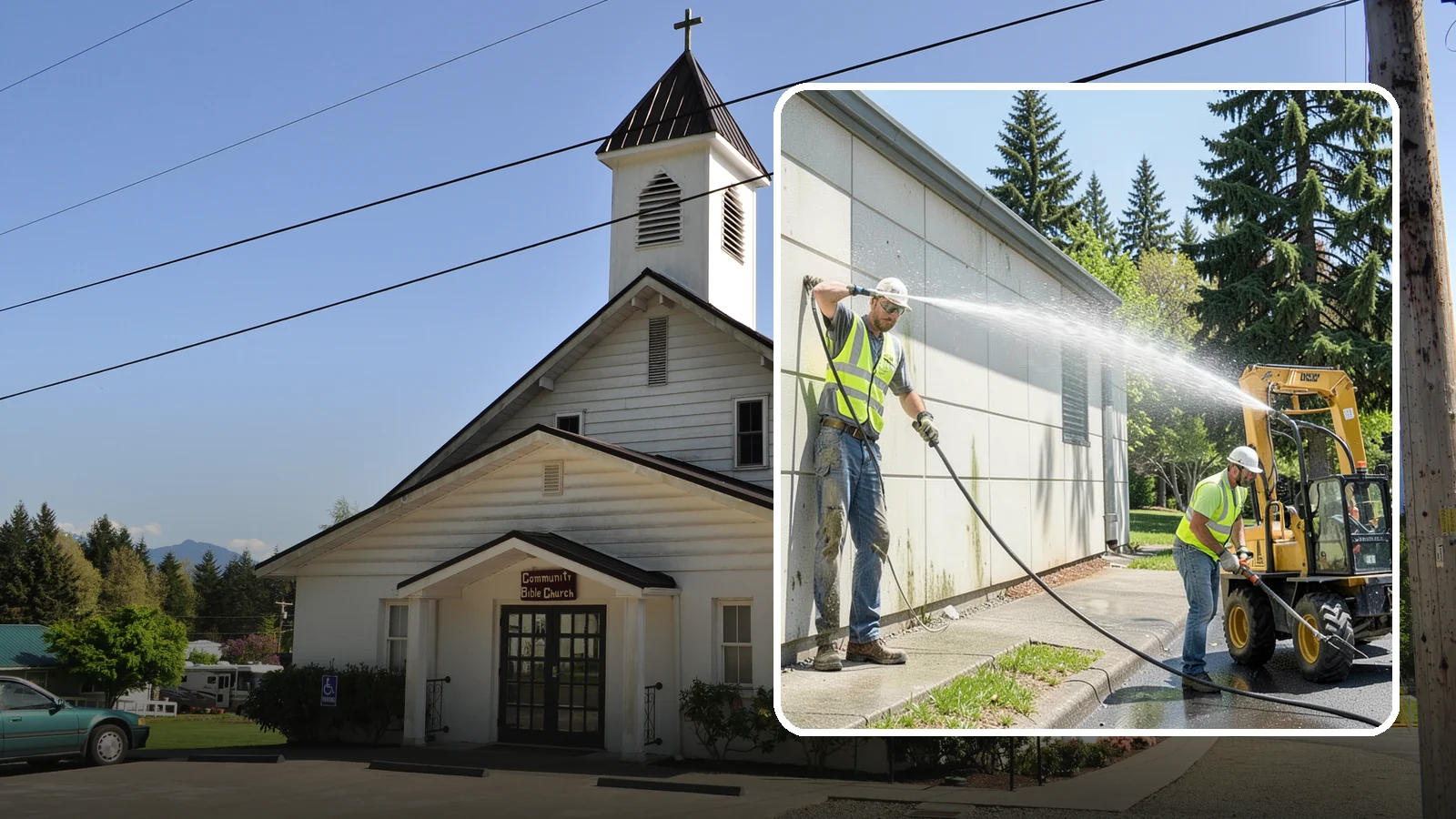 Building Washing in Concrete, Skagit County, WA - Exterior washing that removes mildew, algae, and grime from public building facades.