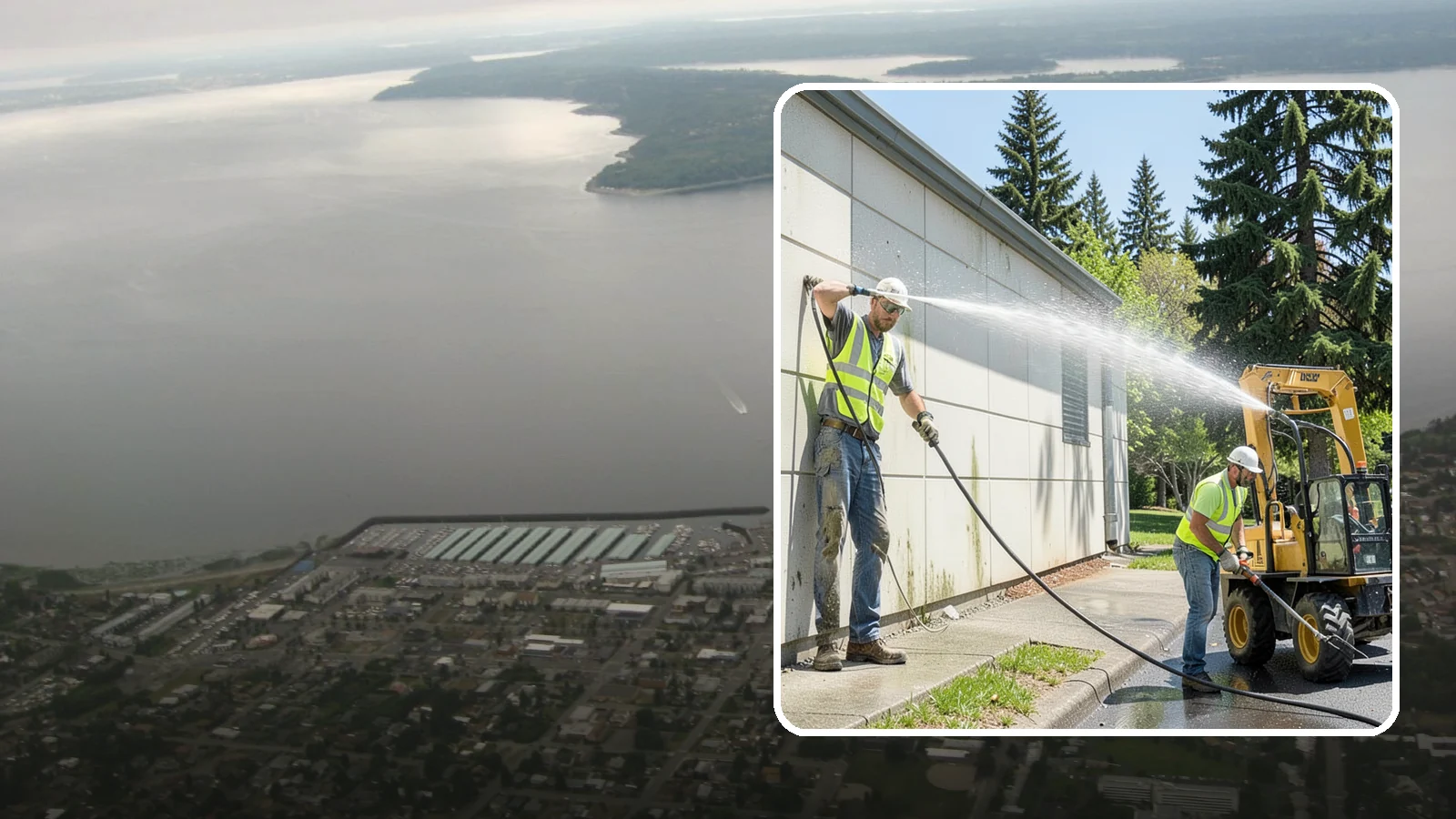 Building Washing in Des Moines, King County, WA - Exterior washing that removes mildew, algae, and grime from public building facades.