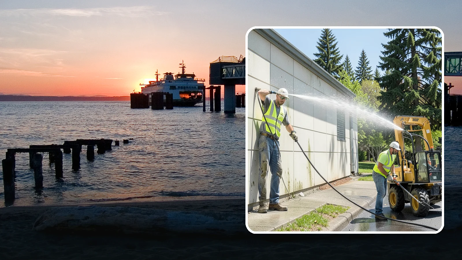 Building Washing in Edmonds, Snohomish County, WA - Exterior washing that removes mildew, algae, and grime from public building facades.