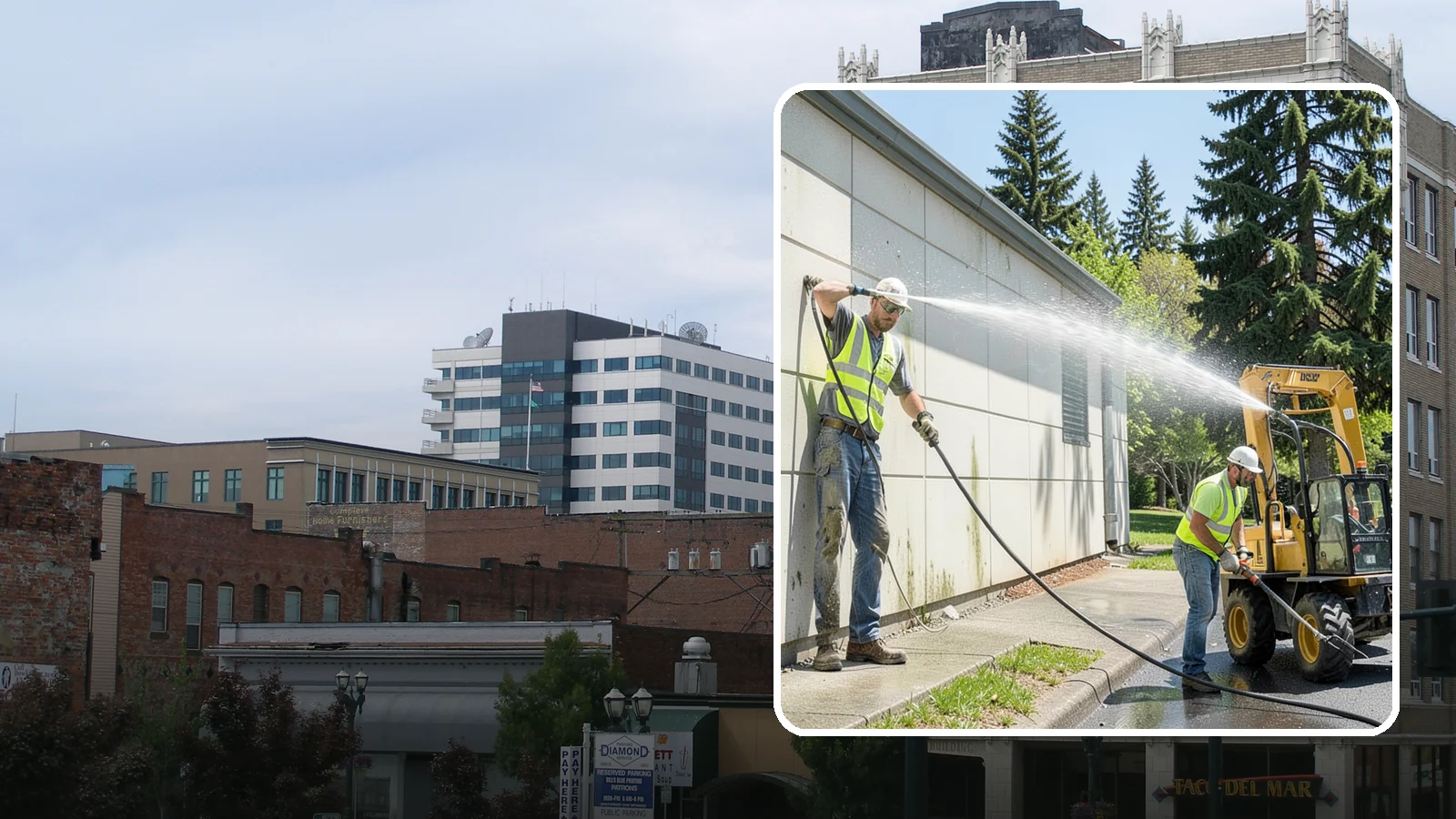 Building Washing in Everett, Snohomish County, WA - Exterior washing that removes mildew, algae, and grime from public building facades.