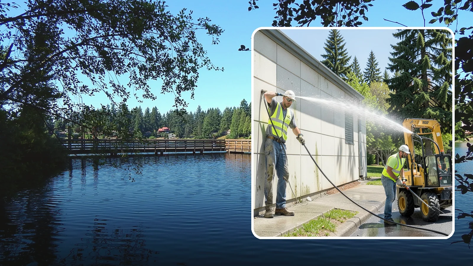 Building Washing in Federal Way, King County, WA - Exterior washing that removes mildew, algae, and grime from public building facades.