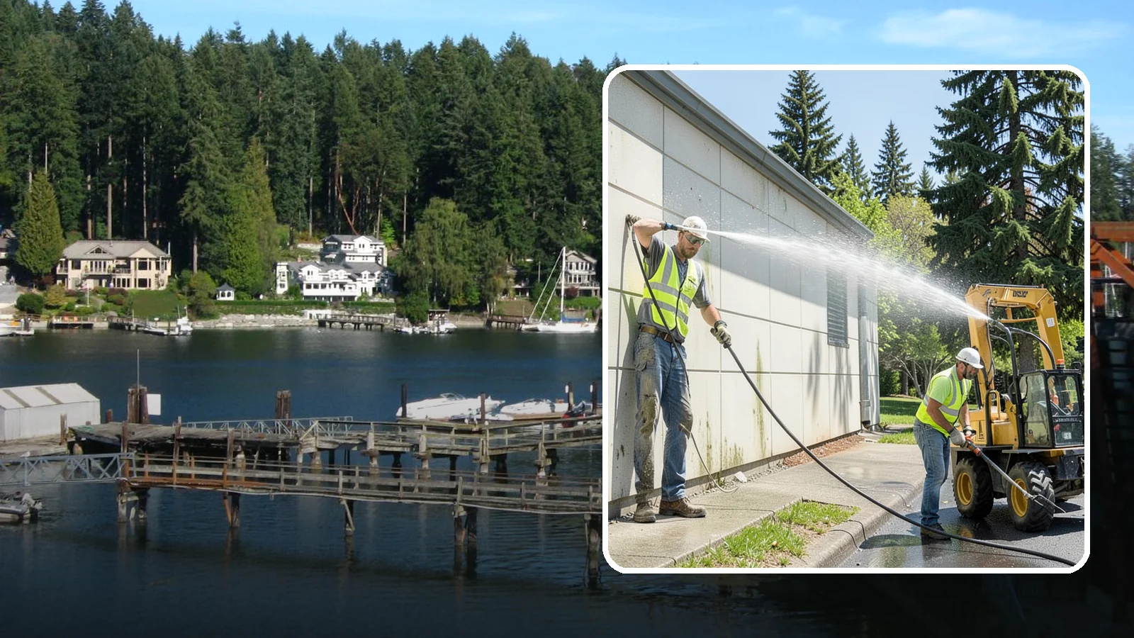 Building Washing in Gig Harbor, Pierce County, WA - Exterior washing that removes mildew, algae, and grime from public building facades.